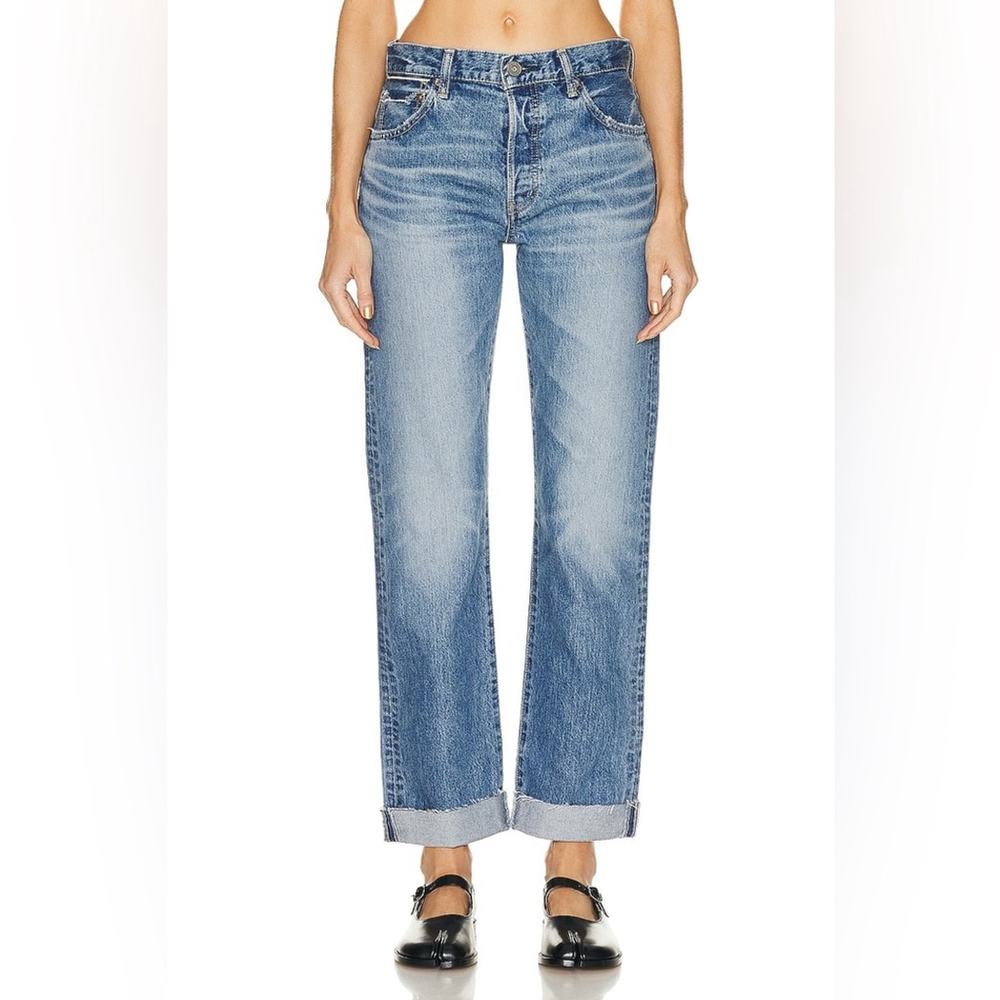 Moussy MV Seagraves High Rise Straight Leg Cuffed Hem Jeans in Light Blue